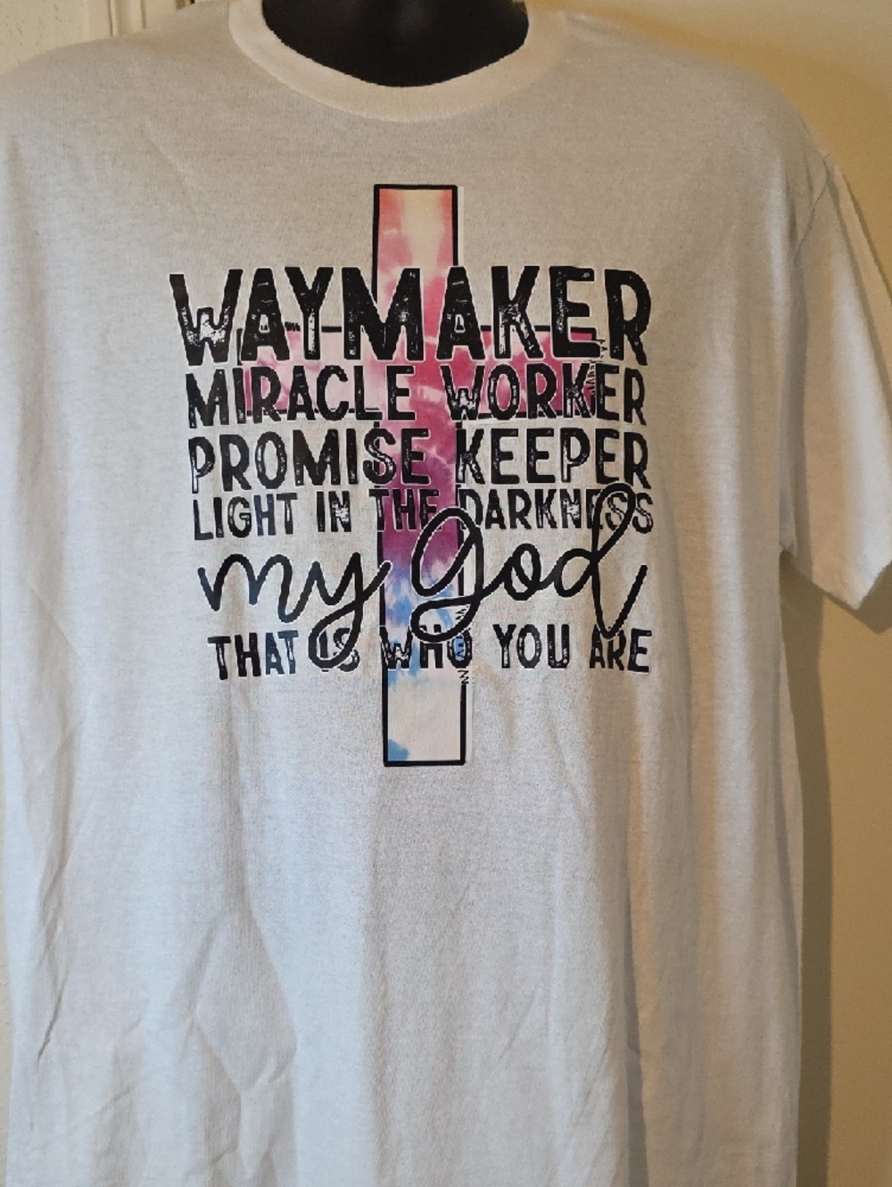 Gildan White Tee with Pink and Blue Cross Graphic - Picture 3 of 8